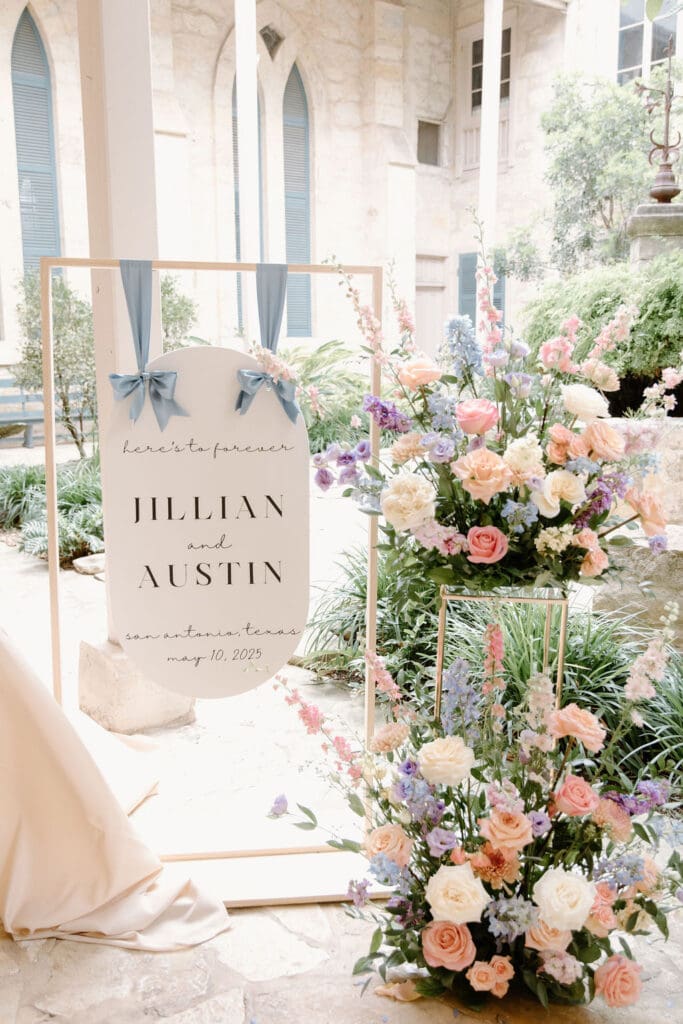 Beautiful hanging wedding welcome sign in San Antonio
